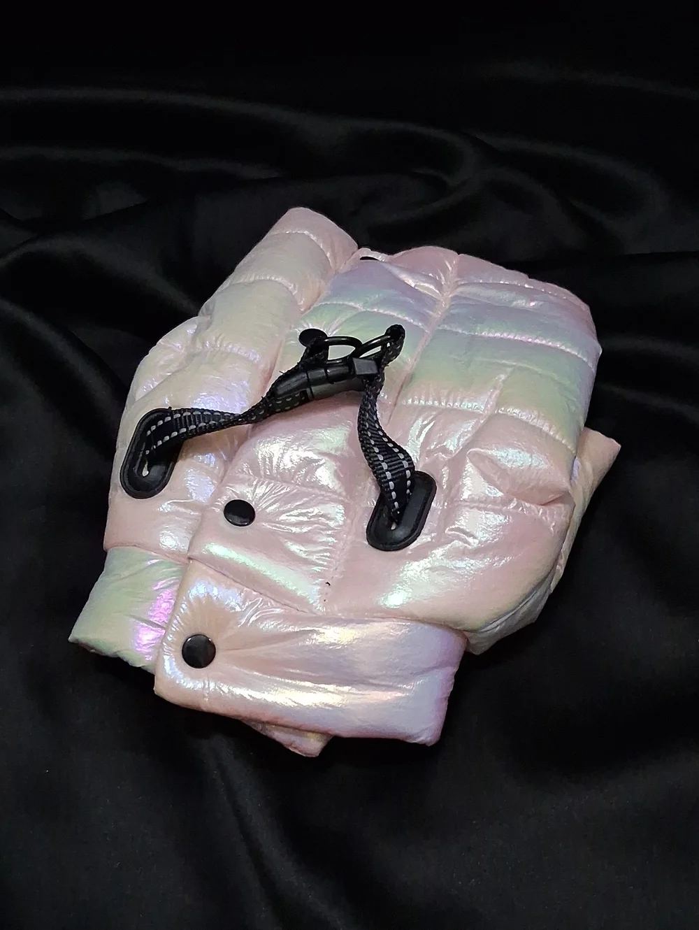Iridescent Pink Dog Puffer Coat  - Comfortable Everyday Wear Harness Attached- S